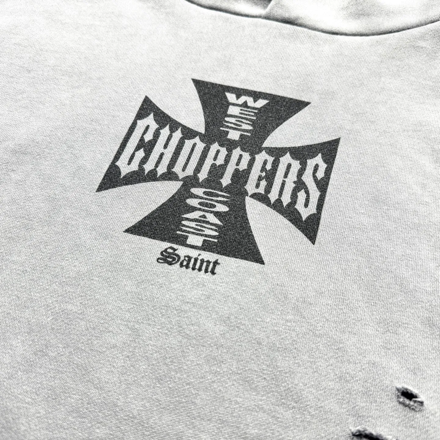 P268 # CHE-59 Saint “West Coast Chopper West Coast Cross” limited edition washed distressed hooded sweatshirt with multi-position hand-damaged craftsmanship. Heavy Assute fermentation mill wash water fading effect. Size: S M L XL
